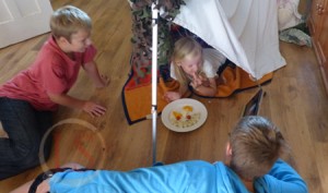 Solo Camp Lunch was soon invaded, however. It just goes to show that you're never to old to build... or play in... a den