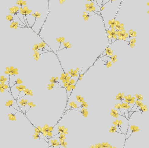 Yellow blossom floral wallpaper on grey