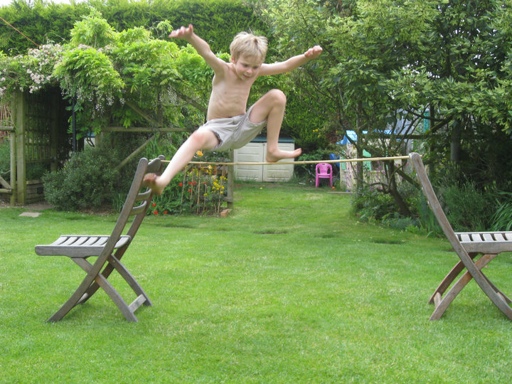 Family Olympics - High jump. Joe took a spectacular Gold. No matter how much i knew logically my long legs could jump much higher than his little ones, this bar is REALLY high, and he leaped it consistently with ease. I had 3 refusals and had to retire.