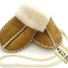 Spotted! Sheepskin mittens on a STRING!